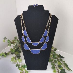 2 Tier Gold and Rattan Blue Half Moon Necklace with Earrings